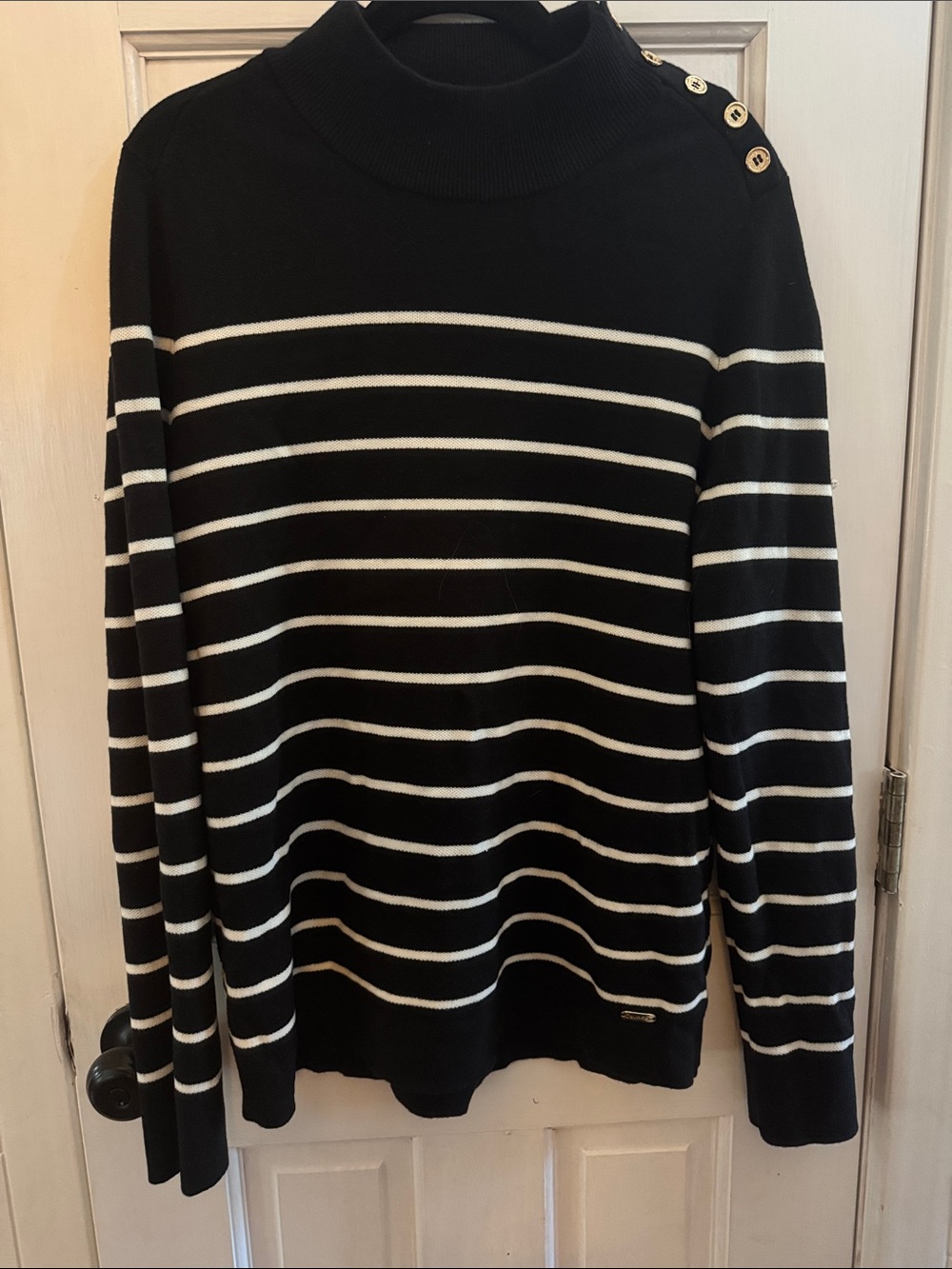 Calvin Klein Black and White Striped Turtleneck Sweater with Shoulder Buttons